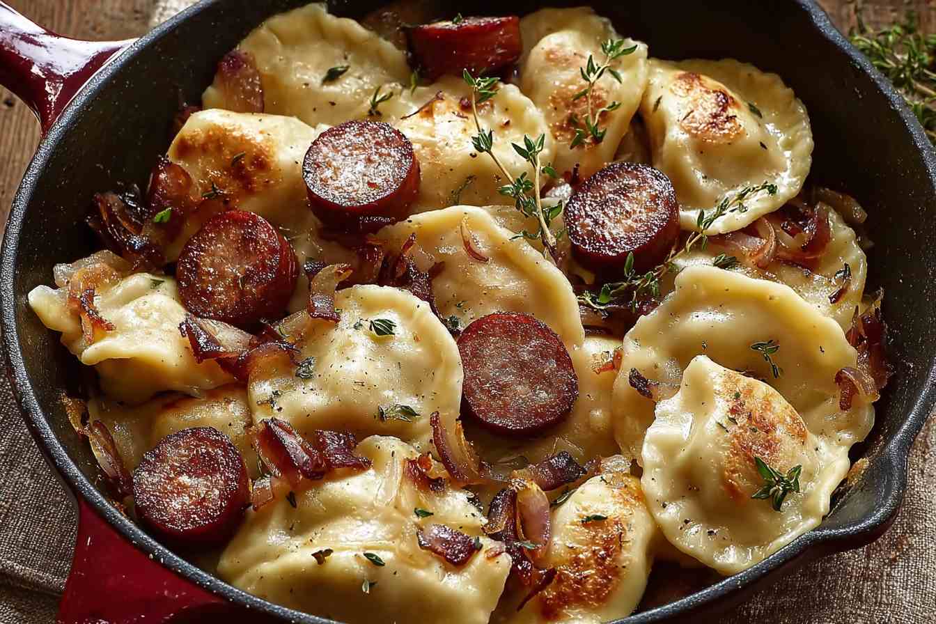 Savory Pierogies and Kielbasa with Caramelized Onions