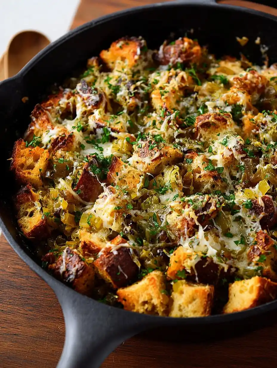 Vegan Herb Bread Pudding With Caramelized Leeks