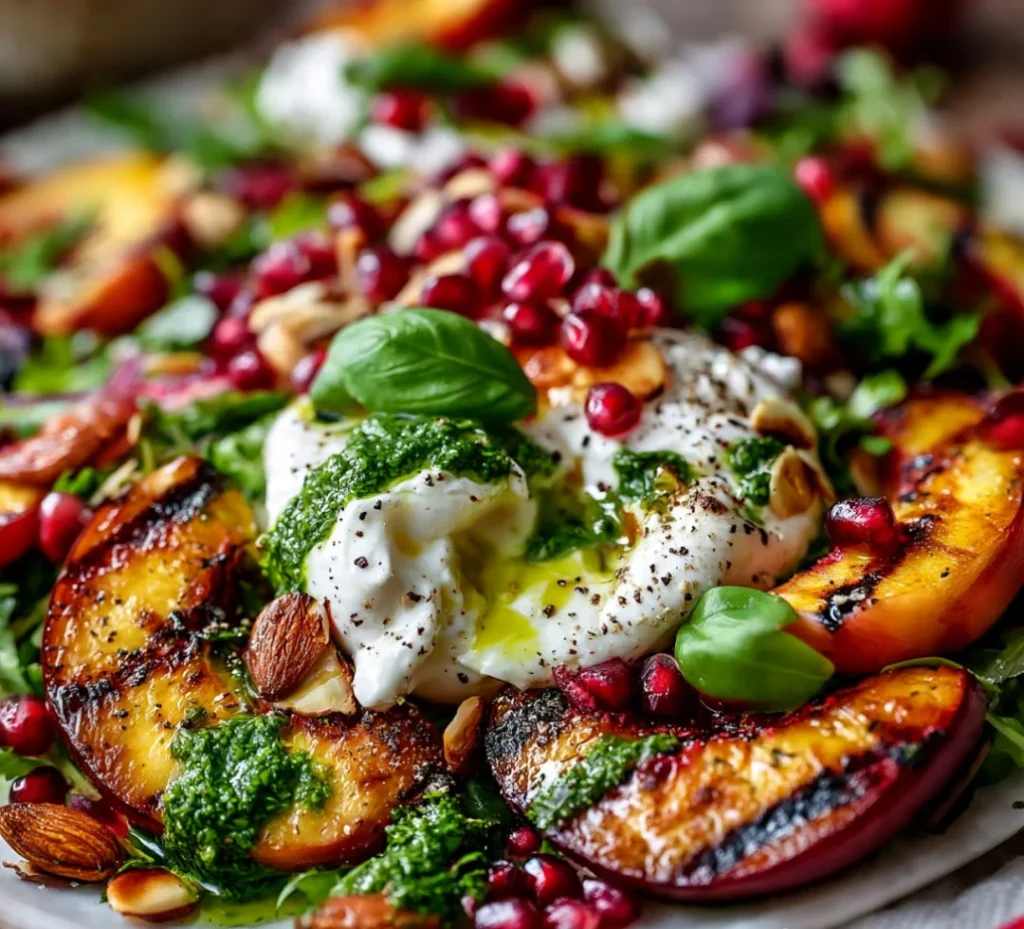 Grilled Peach, Nectarine & Burrata Christmas Salad with Basil Oil - Grilled Peach, Nectarine & Burrata Christmas Salad with Basil Oil