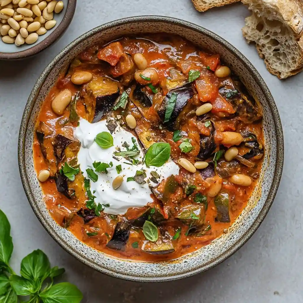 roasted aubergine creamy tamato bean