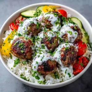 Loaded Greek Meatball Bowl with Creamy Tzatziki And Rice