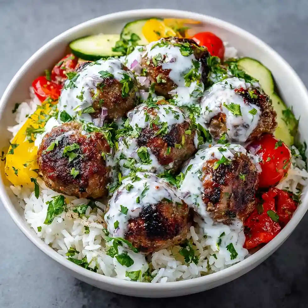 Loaded Greek Meatball Bowl with Creamy Tzatziki And Rice