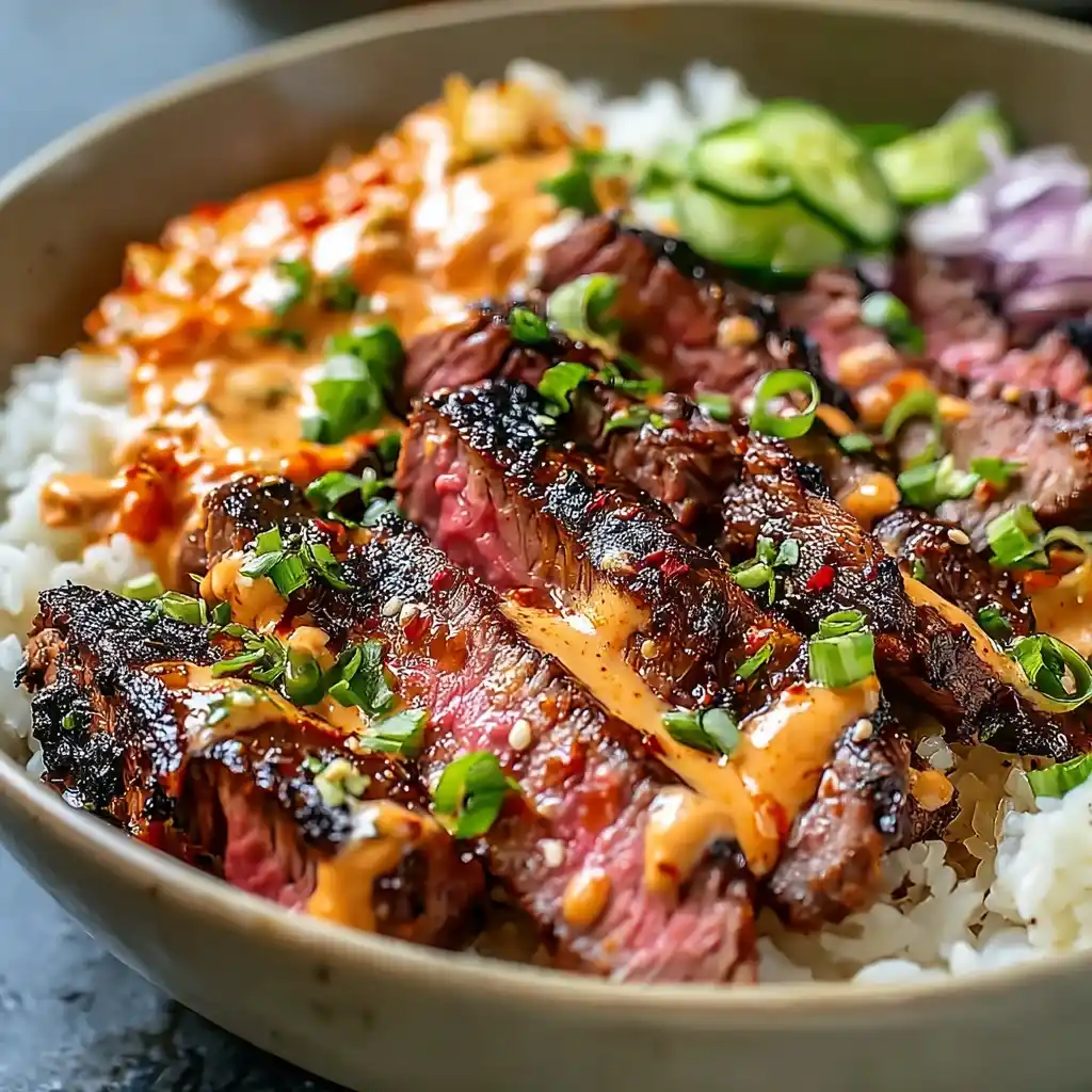 Easy Korean BBQ Steak Rice Bowls Recipe Spicy Cream Sauce For Rice Bowls Korean BBQ Steak Bowls Homemade Quick Spicy Korea...