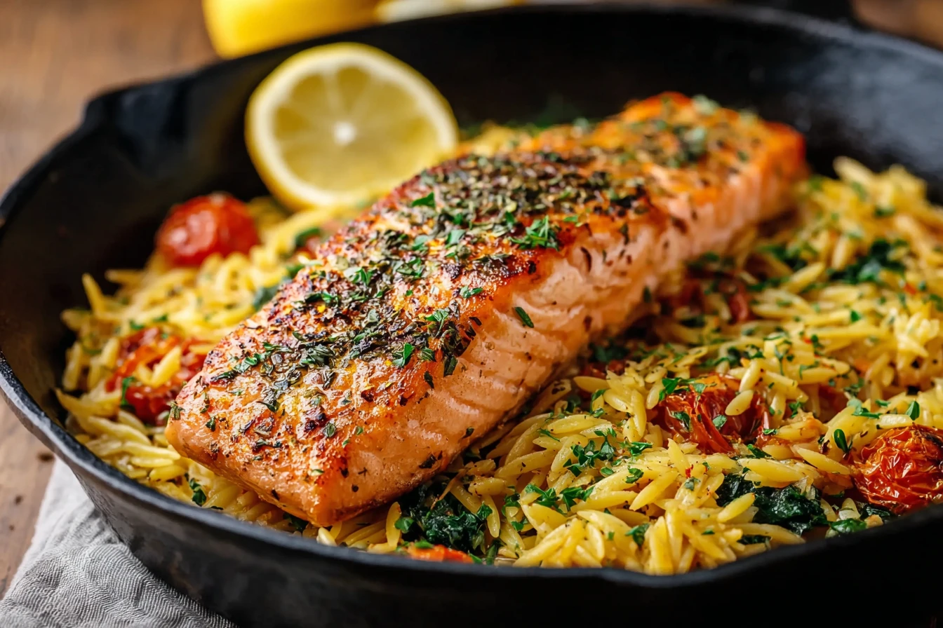Easy One Skillet Salmon With Lemon Orzo Recipe Healthy Salmon Lemon Orzo Skillet Dinner Best Skillet Salmon With Creamy Le...