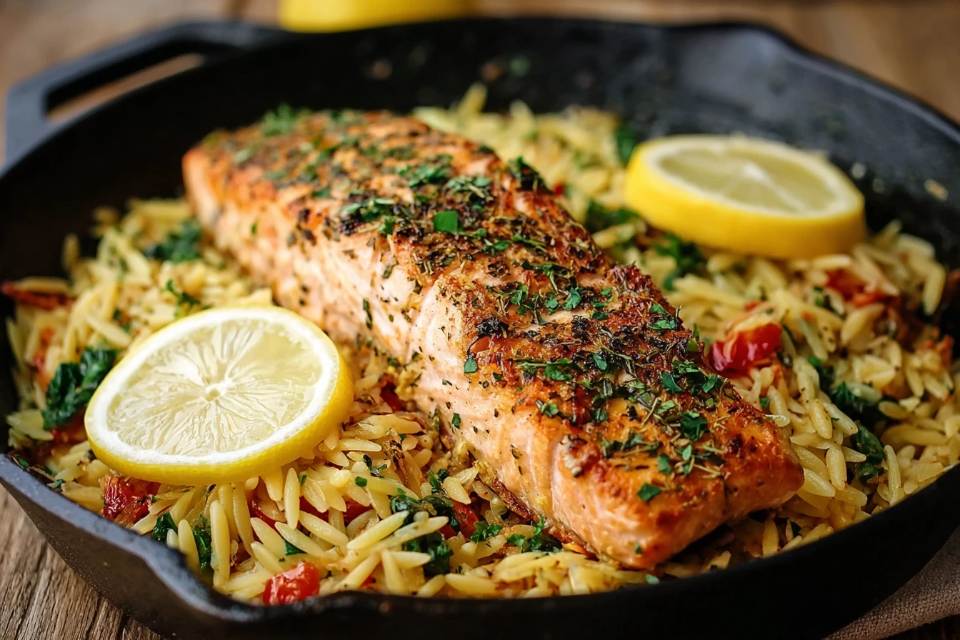 Easy One Skillet Salmon With Lemon Orzo Recipe Healthy Salmon Lemon Orzo Skillet Dinner Best Skillet Salmon With Creamy Le...