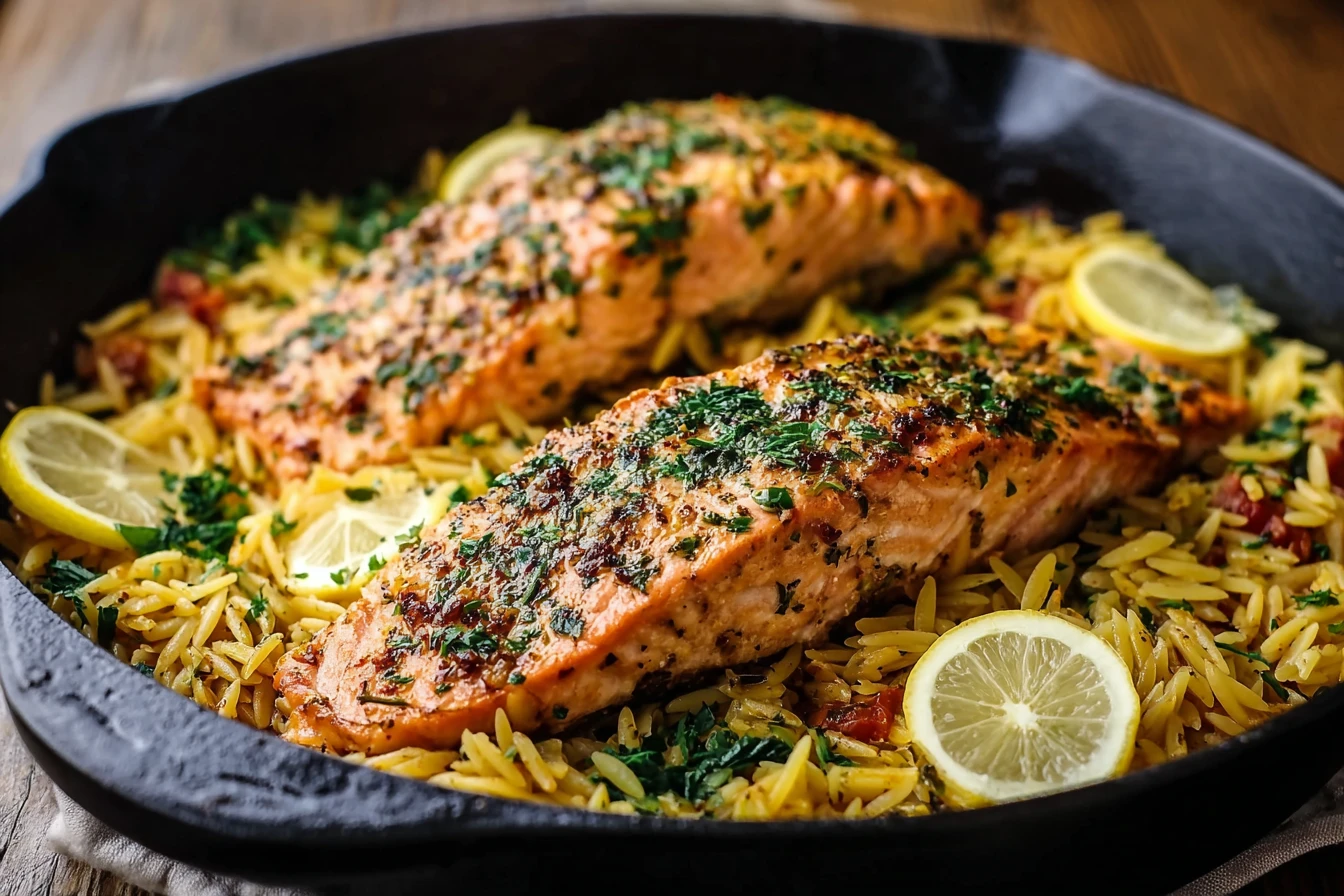 One Skillet Salmon With Lemon Orzo
