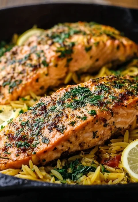 Easy One Skillet Salmon With Lemon Orzo Recipe Healthy Salmon Lemon Orzo Skillet Dinner Best Skillet Salmon With Creamy Le...