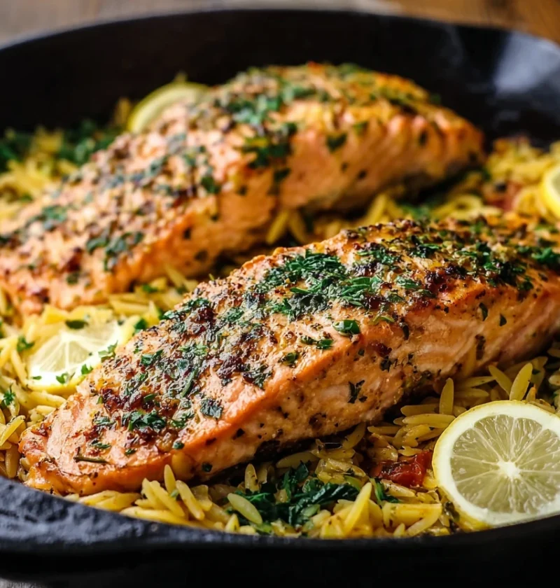 Easy One Skillet Salmon With Lemon Orzo Recipe Healthy Salmon Lemon Orzo Skillet Dinner Best Skillet Salmon With Creamy Le...