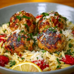 Greek Chicken Meatballs with Lemon Orzo