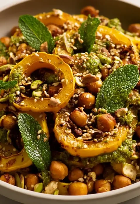 Maple Roasted Squash Recipe Chickpeas With Mint Pesto Pistachio Pesto Vegetarian Recipe Easy Maple Roasted Vegetables Glut...