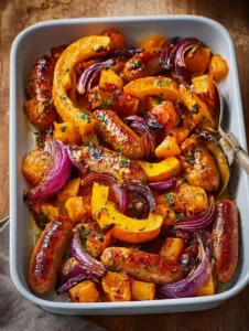 Smoky sausage And squash traybake