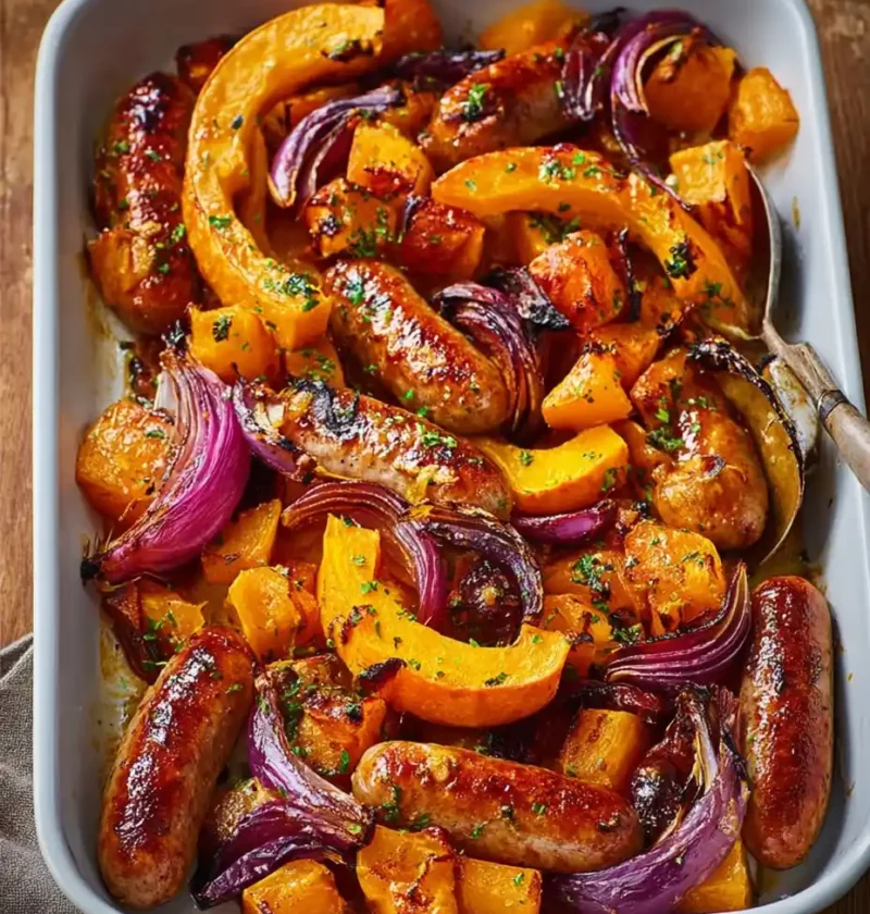 Sausage Squash Traybake Autumnal Butternut Squash Easy Dinner Smoky Recipe