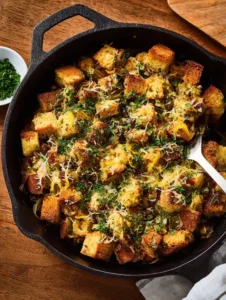Vegan Herb Bread Pudding With Caramelized Leeks