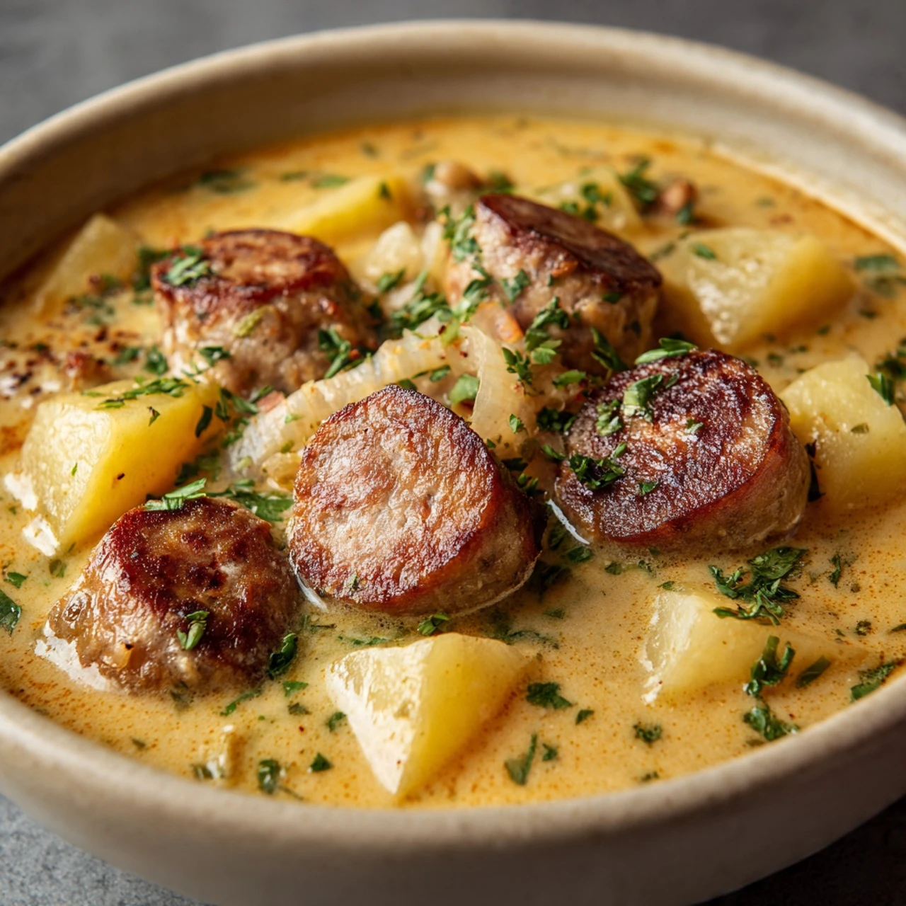 Creamy Cajun Potato Soup with Andouille Sausage and Cheese