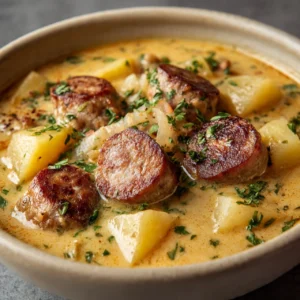 Creamy Cajun Potato Soup with Andouille Sausage and Cheese