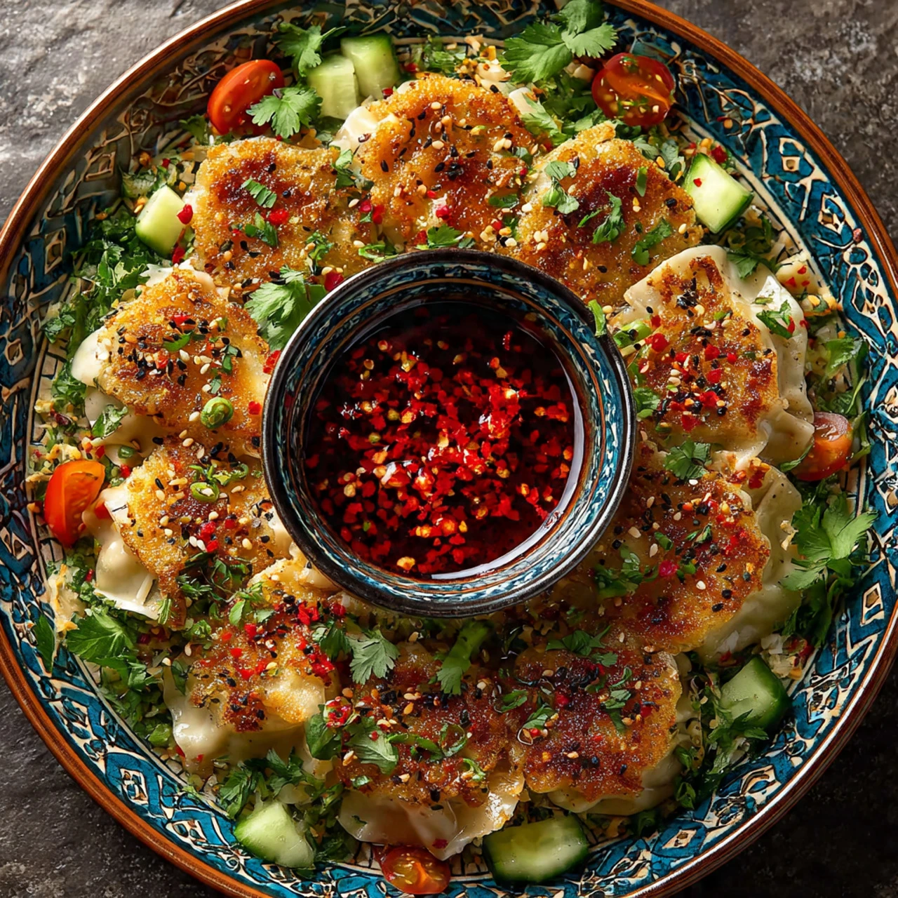 Dumpling and Smashed Cucumber Salad With Peanut Sauce