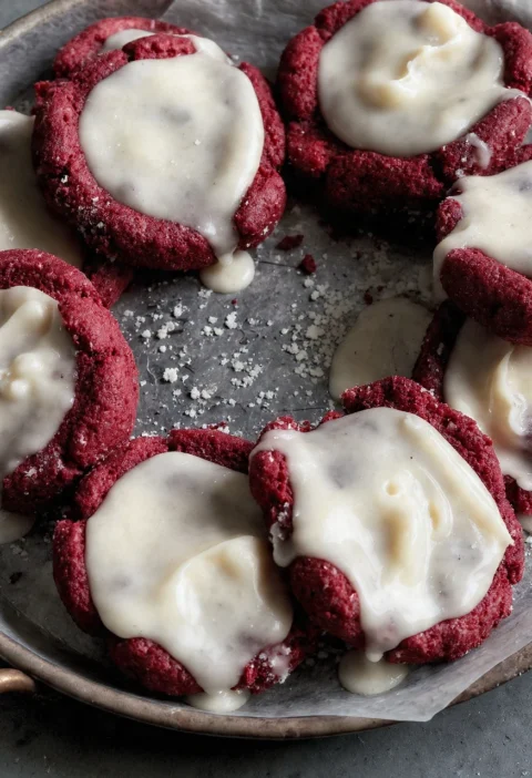 White Chocolate Dipped Red Velvet Cookies