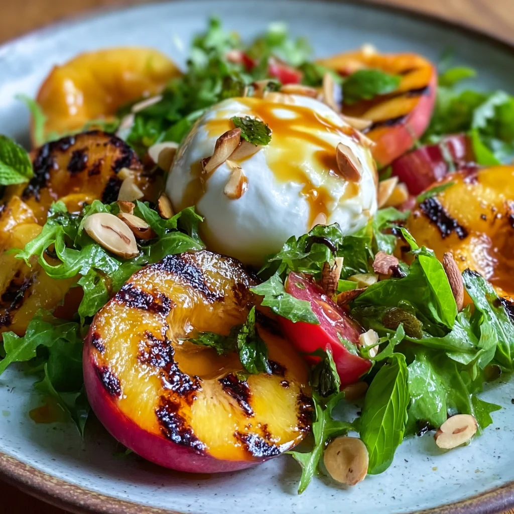 Fresh Grilled Peach and Burrata Salad Easy Recipe with Basil and Almonds