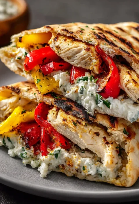 Lemongarlic Chicken Pitas Feta Tzatziki Roasted Bell Peppers