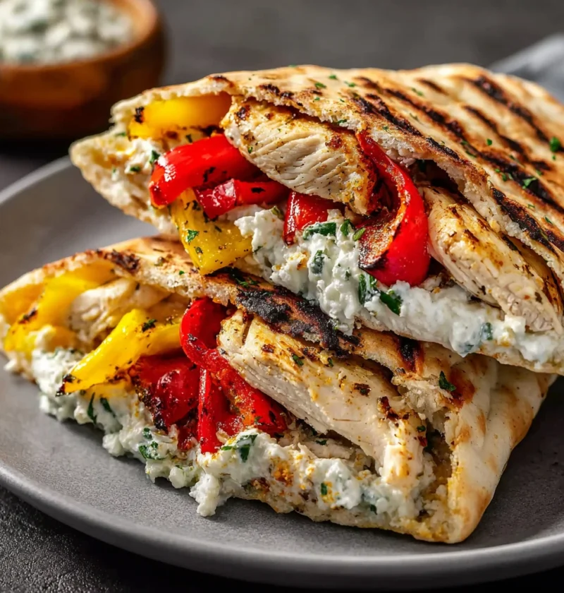 Lemongarlic Chicken Pitas Feta Tzatziki Roasted Bell Peppers