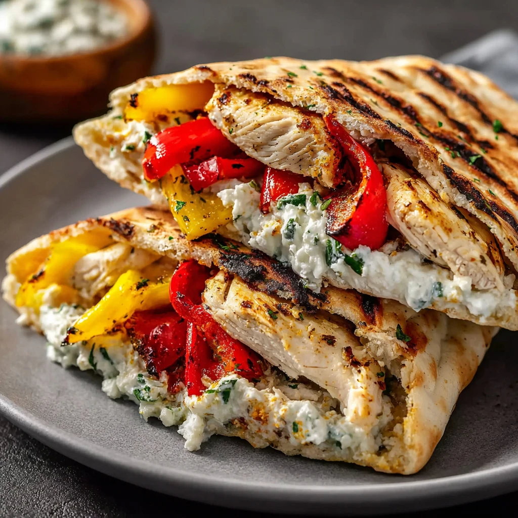 Lemon-Garlic Chicken Pitas with Feta Tzatziki & Roasted Bell Peppers
