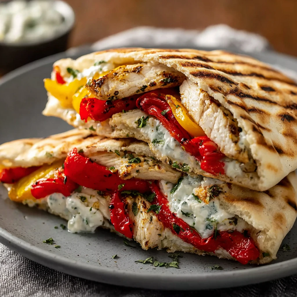 Lemongarlic Chicken Pitas Feta Tzatziki Roasted Bell Peppers