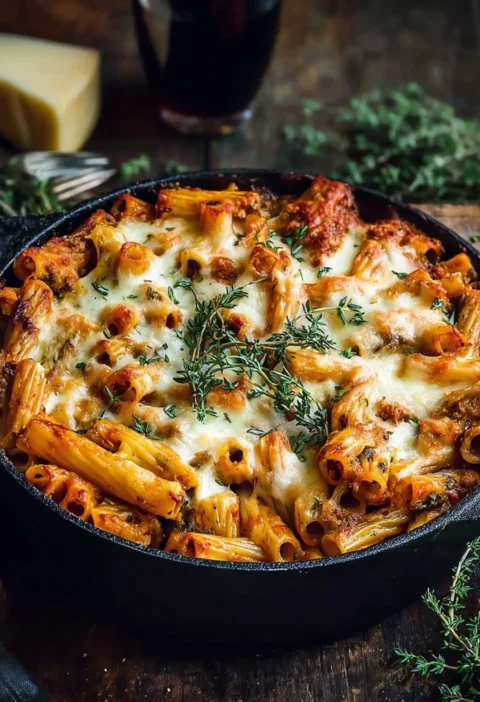 One Pot Spicy Pesto Cheese Baked Rigatoni That