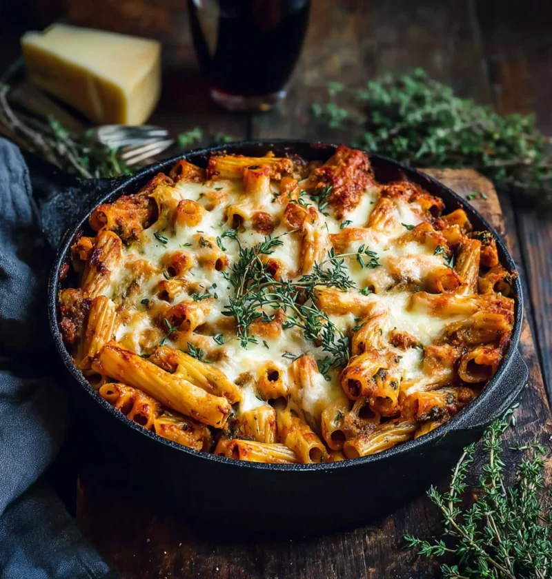 One Pot Spicy Pesto Cheese Baked Rigatoni That