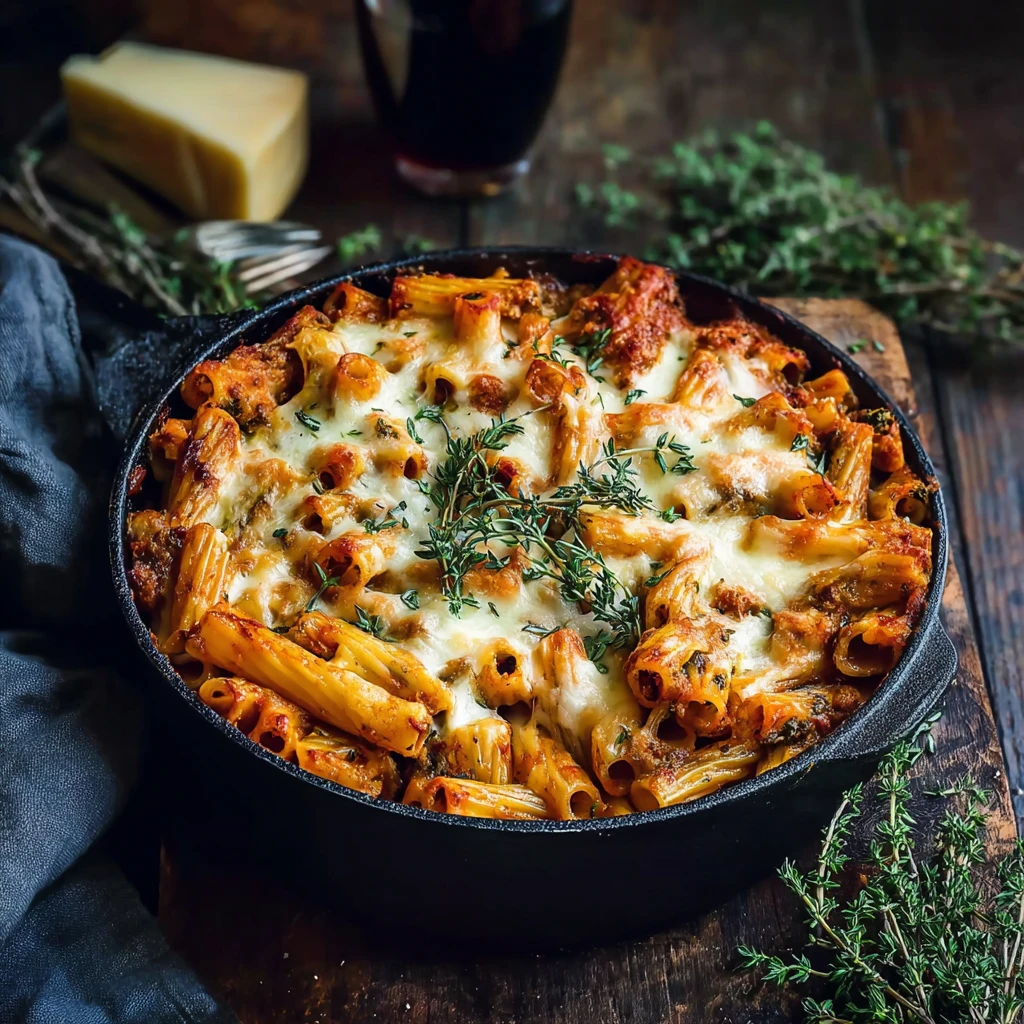 One Pot Spicy Pesto Cheese Baked Rigatoni That