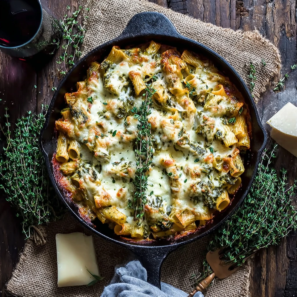 One Pot Spicy Pesto Cheese Baked Rigatoni That