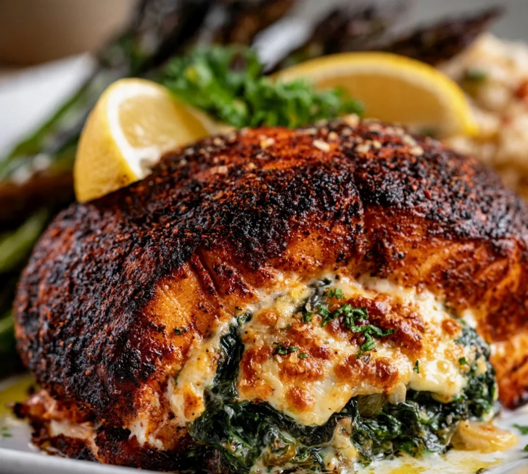 Blackened Salmon Stuffed with Spinach & Parmesan