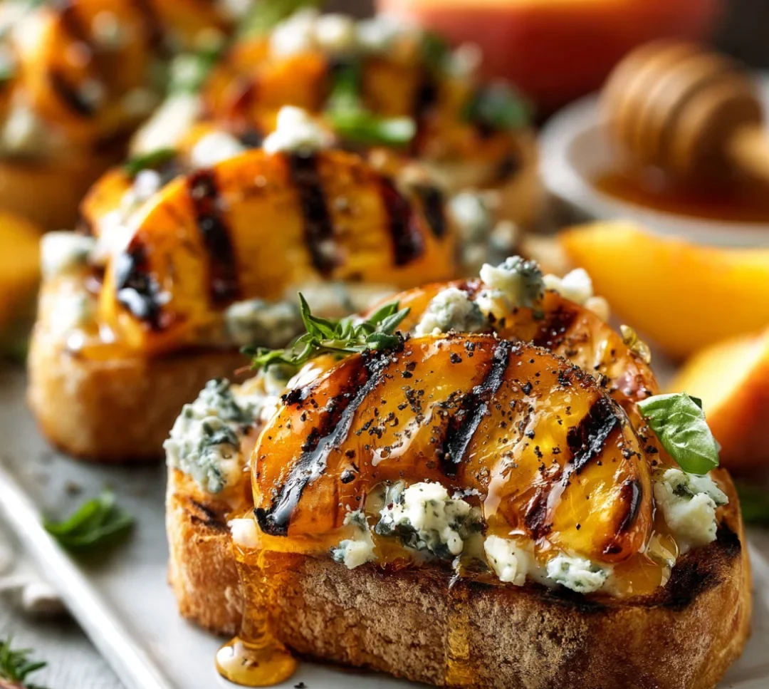 Grilled Peach Bruschetta with Honey Blue Cheese & Easy Tips