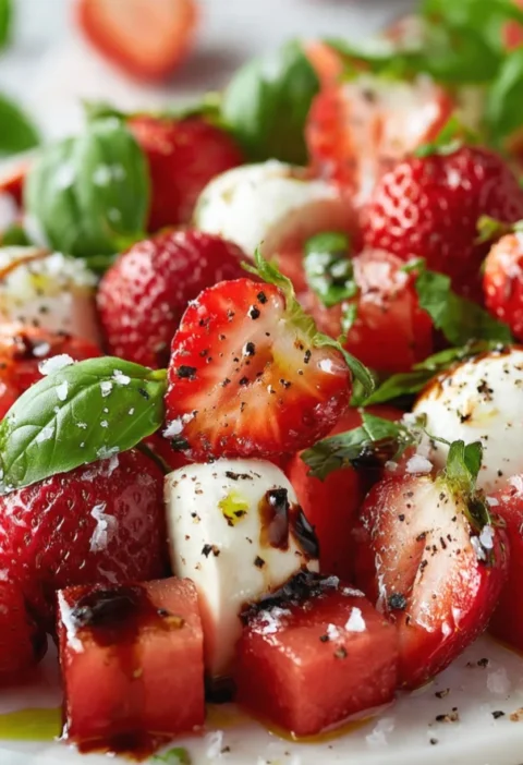 Watermelon Strawberry Caprese Salad