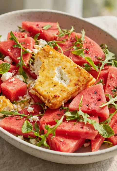 Crusted feta with rocket and watermelon salad