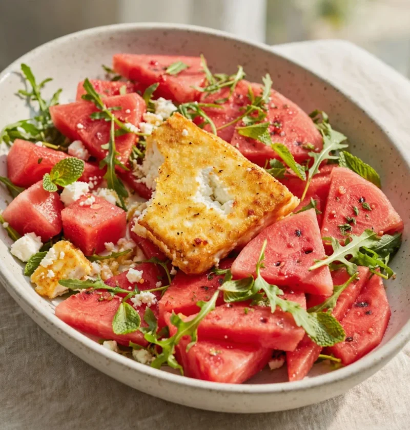 Crusted feta with rocket and watermelon salad