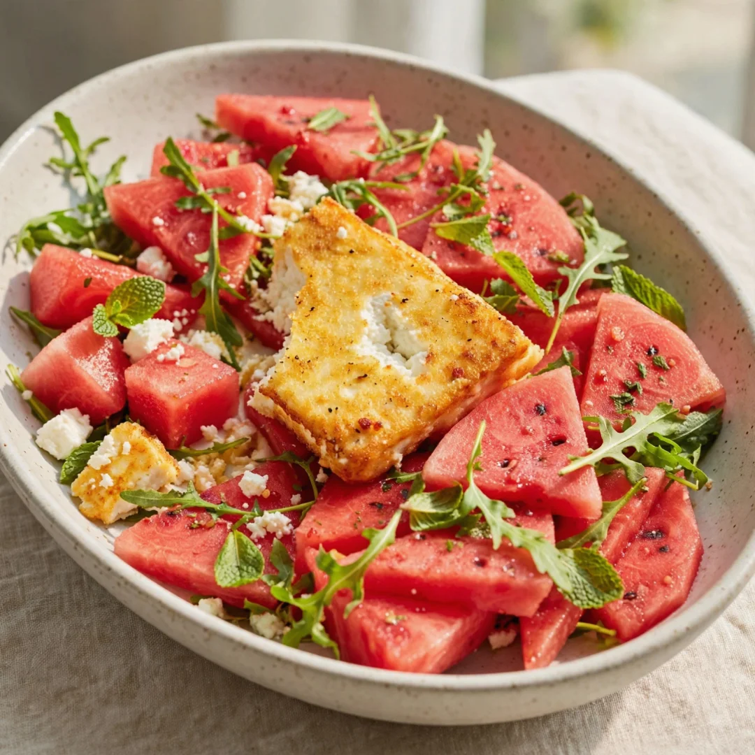 Crusted feta with rocket and watermelon salad
