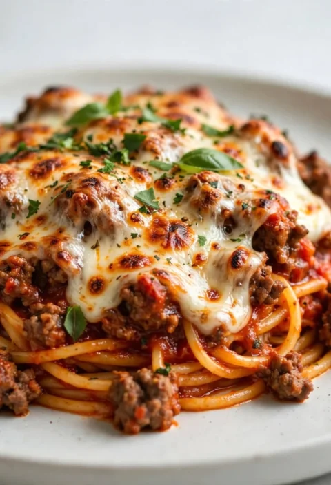 Cheesy Ground Beef Spaghetti Bake