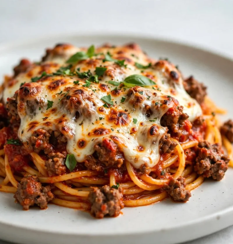 Cheesy Ground Beef Spaghetti Bake
