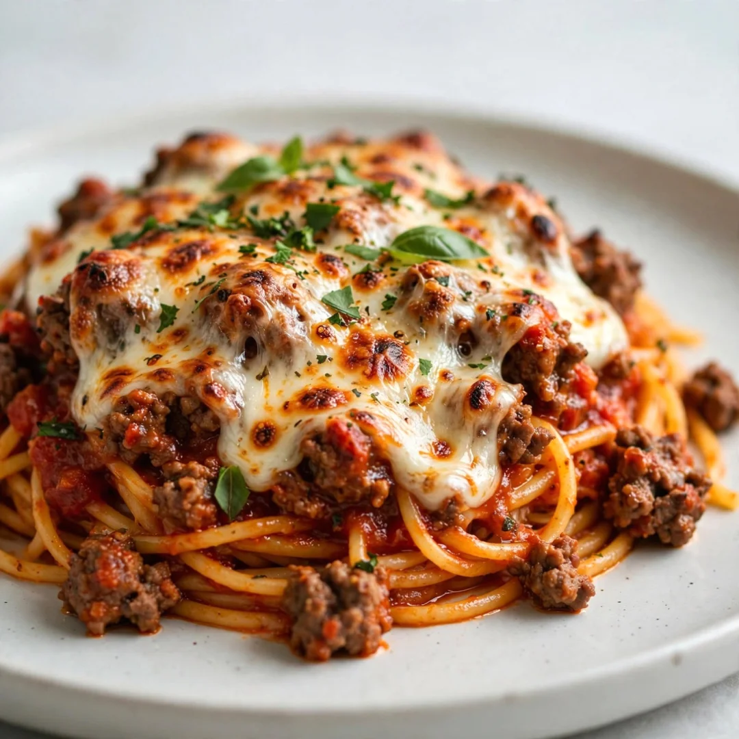 Cheesy Ground Beef Spaghetti Bake