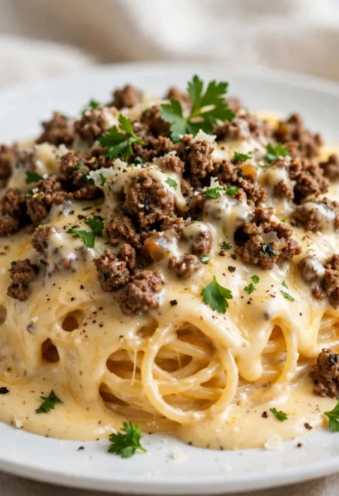 Creamy Cheesy Beef Spaghetti