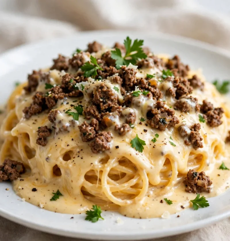 Creamy Cheesy Beef Spaghetti