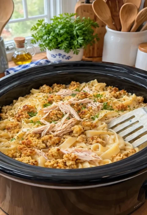 Creamy Slow Cooker Amish Chicken Stuffing Noodles Delight
