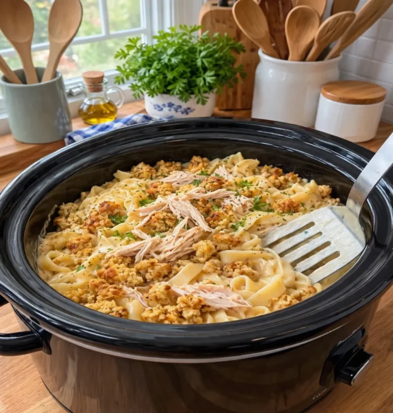 Creamy Slow Cooker Amish Chicken Stuffing Noodles Delight