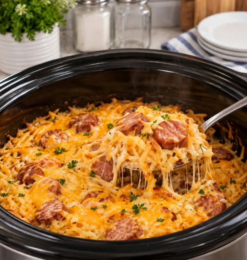 Crockpot Cheesy Kielbasa and Hashbrown Casserole