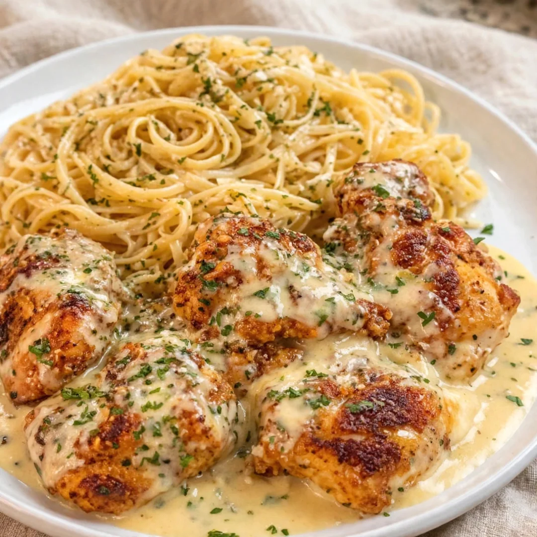 Garlic Butter Chicken Bites with Creamy Parmesan Fettuccine