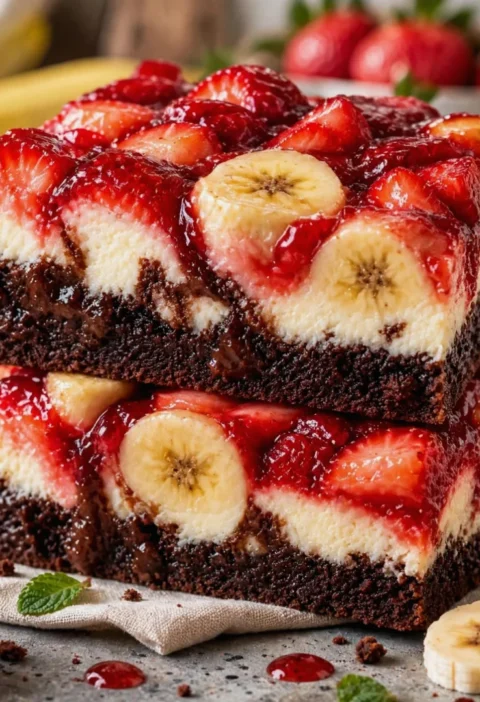 strawberry banana brownie cheesecake bars