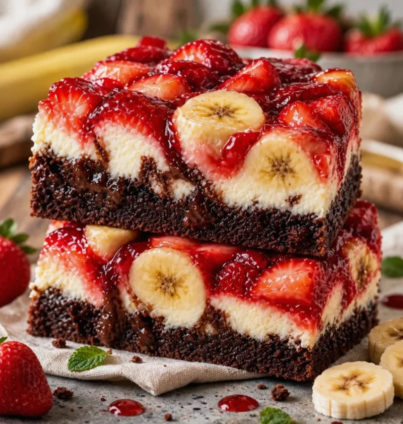 strawberry banana brownie cheesecake bars