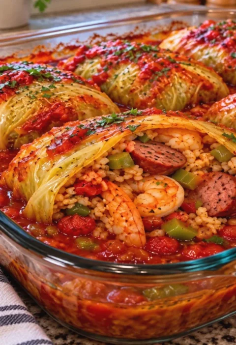 Cajun shrimp and beef sausage stuffed cabbage