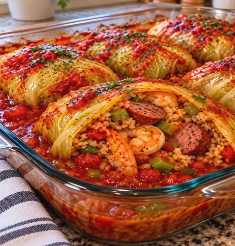 Cajun shrimp and beef sausage stuffed cabbage