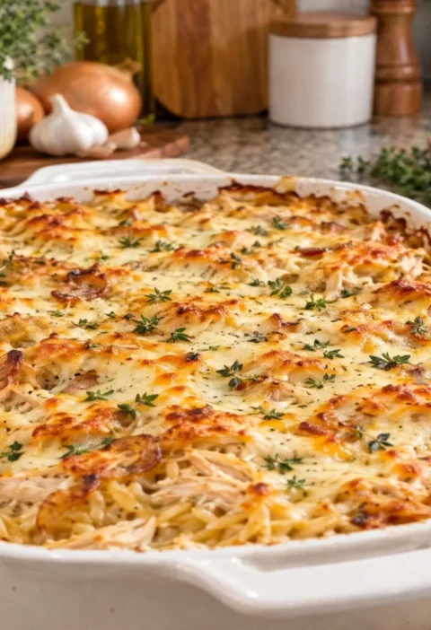 French Onion Chicken Orzo Casserole